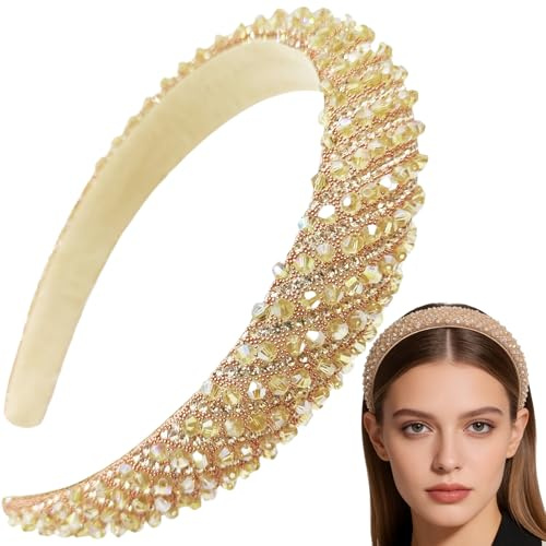 Crystal Padded Headband for Women Handmade Gold Acrylic Beaded Headband Boho Embellished Hair Band H60136