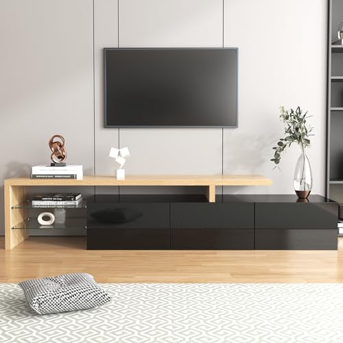 HaoChrymec Mueble De TV con MDF Y Vidrio,Diseño Moderno con Almacenamiento Práctico Y Iluminación LED,Mueble Televisor para Pantallas Grandes,Soporte TV para Salón Y Espacio Principal,197.5x39x42 cm