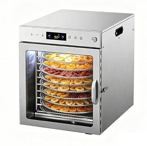 Essiccatore Alimentare professionale Acciaio Inox, 800W, 10 rotante vassoi, Display LED, Grande Capacità, Timer 24H, Temperatura Regolabile 30℃ – 90℃, per Carne, Frutta, Verdure(10tray)