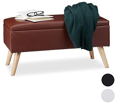 Relaxdays Sitzbank mit Stauraum, 40 L, gepolstert, Holzbeine, Truhenbank Kunstleder, HxBxT: 40 x 80 x 39,5 cm, braun