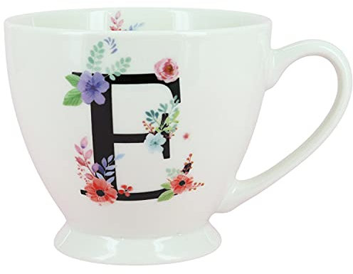 G Decor White Floral, 350ml, Alphabet A-Z Ceramic Tea Coffee XL Cup Mug, Novelty Drinkware for Morning or Evening Drink (E)