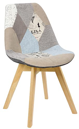 WOLTU Esszimmerstühle 1er Set, Küchenstühle mit Patchwork Design, mit Massivholz Beinen, Leinen, bis 150 kg belastbar, Grau+Khaki