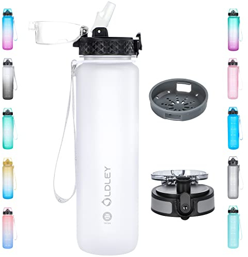 OLDLEY 1L/32oz Sports Water Bottle with 2 Different Lids, 1000ml Motivational Drinks Bottle with Time Markings Leak Proof Drink & Lock Cover, BPA Free for Gym School Cycling Running Hiking
