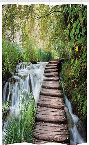 ABAKUHAUS Dschungel Schmaler Duschvorhang, Stream im grünen Dschungel, Badezimmer Deko Set aus Stoff mit Haken, 120 x 180 cm, Weiß Braun Grün