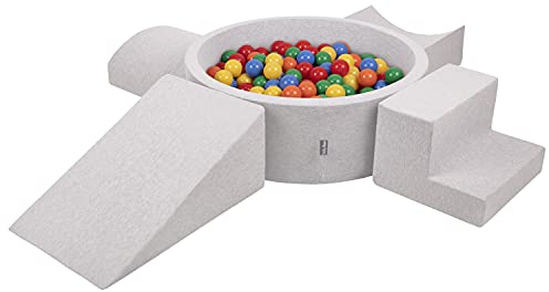 KiddyMoon Spielplatz Aus Schaumstoff Mit Rund Bällebad (200 Bälle) Ballgruben Für Babys Spielbad Hindernisläufen, Hergestellt In Der EU, Hellgrau:Gelb/Grün/Blau/Rot/Orange