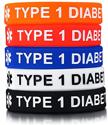 5 Pack Assorted Colors Silicone Rubber TYPE 1 DIABETES Medical Alert ID Wristband Emergency Bracelets For Teens Outdoor Sports,6.7 Inches,Waterproof