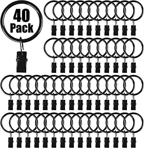 Vorhangringe mit Clips, Premium-Vorhang-Clips mit Ringen, Aufhänger, Gardinenringe, 3,2 cm Innendurchmesser, passend für Gardinenstangen bis zu 2,5 cm, Schwarz, 40 Stück