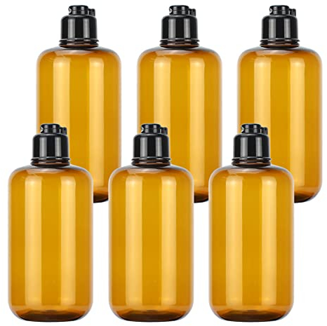 ZEOABSY 6 Pièces 300 ML Marron Bouteille en Plastique avec Bouchon à Charnière Noir, Vider Bouteille Ronde en Pet de Voyage pour Cosmétiques Liquides