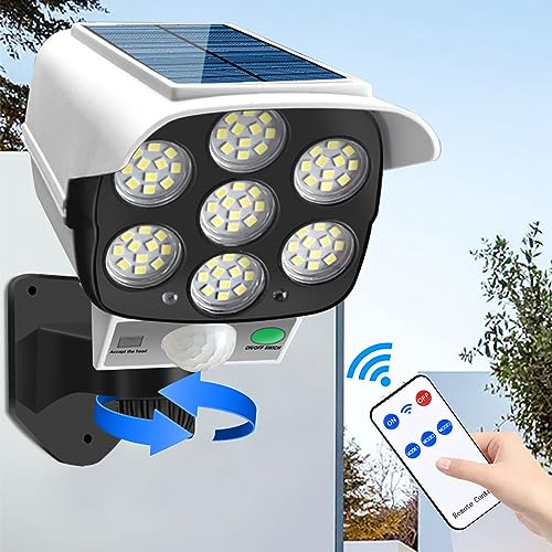 Solarlampen für Außen mit Bewegungsmelder Aussen Batterie, LED Strahler mit Fernbedienung 3 Modi Außenlampe 77 LEDS Solarleuchten 180° Solar Wandleuchte Wasserdicht IP65 Außenleuchte für Garten Garage