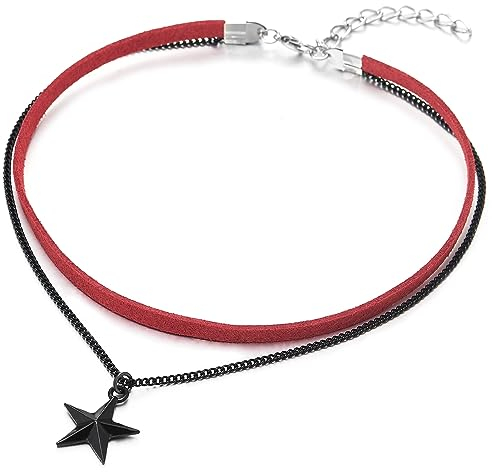 COOLSTEELANDBEYOND Zwei Reihen Rot Choker Halsketten Halskette für Damen mit Schwarz Kette und Stern Pentagramm Charm Anhänger
