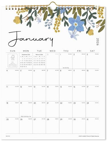 Cabbrix Wandkalender 2025, 18 Monatskalender von Januar 2025 - Juni 2026, 38,1 x 30,5 cm, Aufhängehaken, Doppeldrahtbindung, Blumendesign Kalender für einfache Organisation (Flora)
