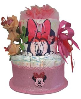 MC® Rosa Windeltorte bestehend aus 30 Windeln auf zwei Etagen und 2 Lätzchen, Geschenk für Geburt, Taufe, Geburtstag, mc Kompositionen