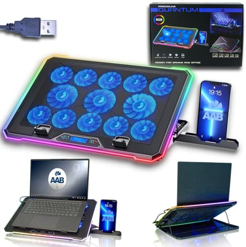 AABCOOLING Quantum -Ventilateur PC Gamer 9-17 -Support De Téléphone - Éclairage RVB - 13 LED Ventilateurs Silencieux, Efficaces -Réglage de 9 Niveaux - Contrôle LCD - Refroidisseur Laptop Cooler