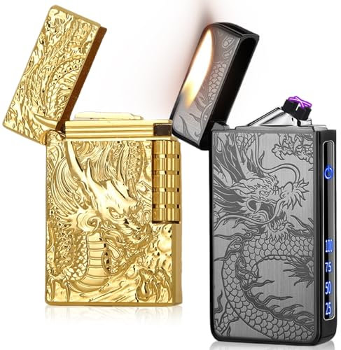 2 Stücke Drachen Feuerzeuge, Elektrisch Lichtbogen Feuerzeug + Weiche Flamme Metall Feuerzeug, USB C Recharge und Butangas Nachfüllen, Feuerzeuge für Kerzen Küche Geschenk Männer(NO Gas)