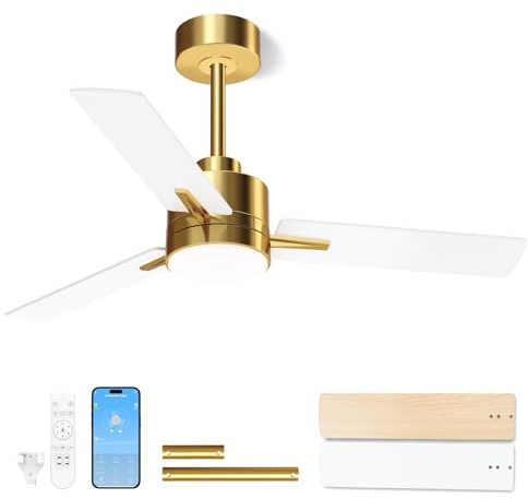LANMEL Deckenventilator 42 Zoll mit Lichtern und Fernbedienung, moderner Deckenventilator mit niedrigem Profil, Gold, 6 Geschwindigkeiten, wendbar, dimmbare LED 3000K-6000K, Ventilator