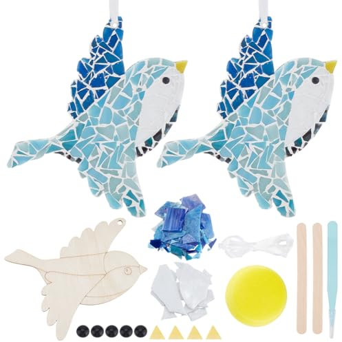 WEBEEDY 2 Sets Colorful Bird Glass Mosaic Tiles Kit Cute Bird Mosaic Coaster with Wooden Bases Wall Decor Mosaic Kit Unique Gifts for Women, Birthday Gift, Home Hanging Ornament,15x12.5cm