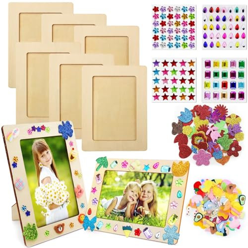 TLDNZXY Bilderrahmen Holz Set zum Bemalen, 6 Stück Holzrahmen Holzbilderrahmen zum Bemalen, DIY Bilderrahmen Bastelset Kinder mit 3 Glitzersteine Glitter Moosgummi Sticker 3D Aufkleber zum Basteln