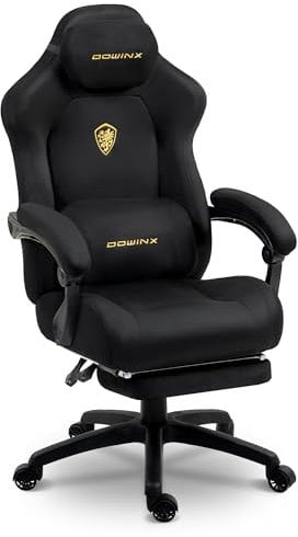 Dowinx Gaming Stuhl Ergonomisch mit Massage-Lendenkissen, Höhenverstellbare Kopfstütze, Verdicktes Sitzpolster, Ausziehbare Fußstütze, Verstellbare Armlehnen, Mikrofaser-Velours, 160° Neigbar, Schwarz