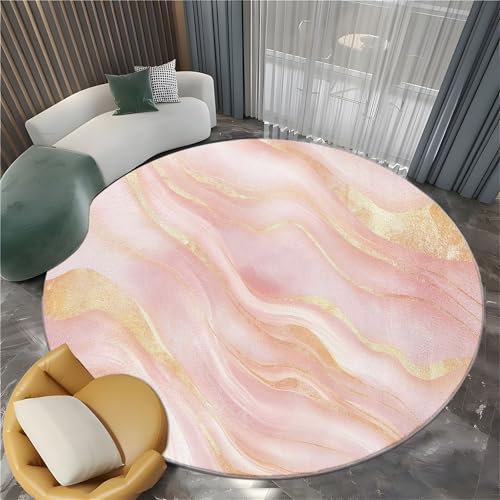 Genérico Rosa Alfombra Redonda 210 cm, Remolinos Lámina Metálica con Líneas Elegantes Pelo Corto Suave, Lavable a máquina Alfombra para Sala de Estar, Dormitorio, decoración de guardería
