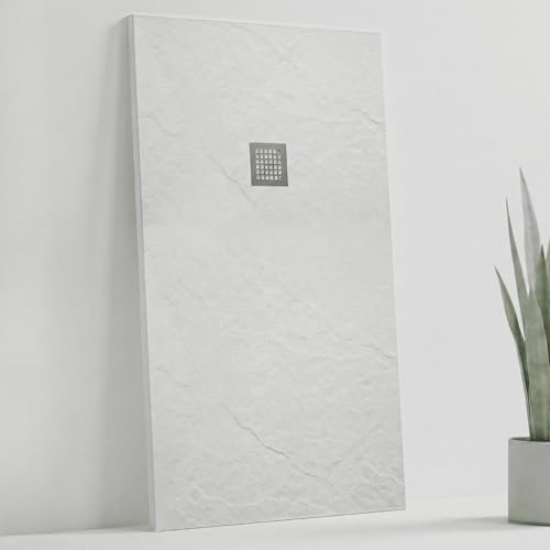 SOULHOME Plato de Ducha Irrompible y Ultraligero Pizarra - 200x80 cm BLANCO | Nueva Tecnología de Resina-Fibra, Antideslizante C3, Extraplano, Incluye Válvula desagüe y Rejilla, Recortable