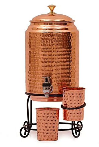 Handcrafted Pure Copper Hammered Water Dispenser with Stand & 2 Copper Glasses | Traditional Drinking Water Pot for Home Kitchen Daily Use -(04 Liter)