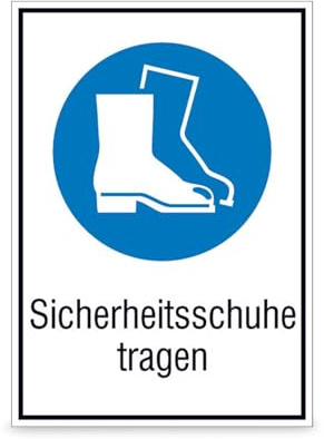 Betriebsausstattung24 Gebots- Kombischild Sicherheitsschuhe tragen - 13,1 x 18,5 cm - Aluminium, geprägt - DIN EN ISO 7010