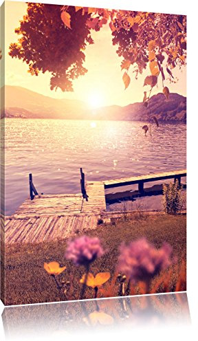 Pixxprint Steg im Sonnenuntergang Meer Urlaub, Größe: 120x80cm, Leinwandbild, fertig gespannt, Wandbild, Dekoration, Kunstdruck, kein Poster