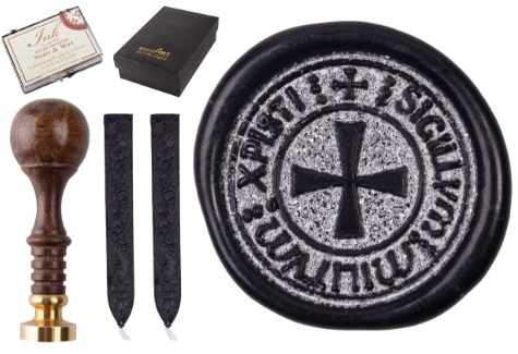 gravurART - Siegel Stempel Gravur Tempelritter Tatzenkreuz mit 2 Stangen Siegelwachs und Siegelkissen