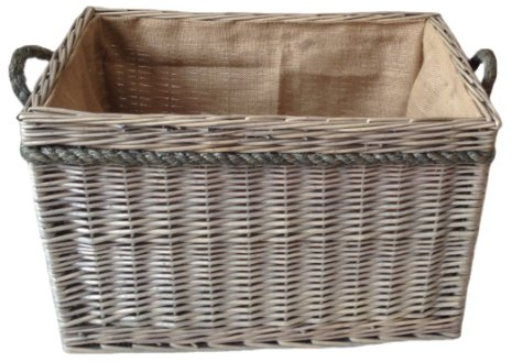 Large Delux Rectangular Hessian Lined Log Basket Antique Wash Finish Full Cane Willow Rope Handled