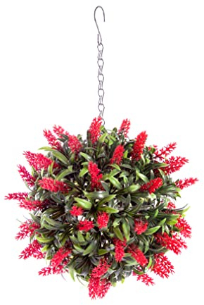 Best Artificial Lush Red Long Leaf Lavender Hanging Flower Ball Topiary Grass **UV Fade Protected** (24cm)