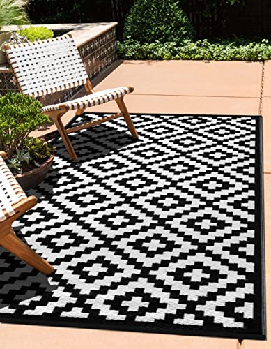 Green Decore Wendbarer Öko-Teppich aus recyceltem Kunststoff (Plastik) für Innen und Außen/Federleicht, Schwarz/Weiß, 120cmx180cm