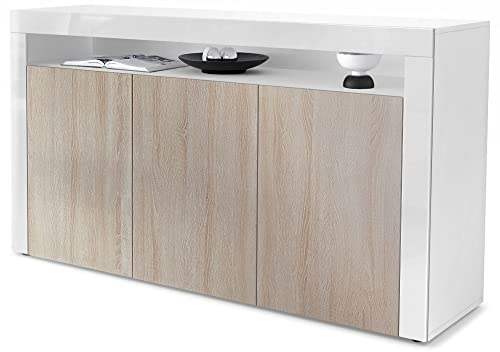Vladon Sideboard Valencia, Made in Germany, Kommode mit 3 Türen und 1 offenem Fach, Weiß matt/Schwarz Hochglanz/Weiß Hochglanz (155 x 92 x 40 cm)