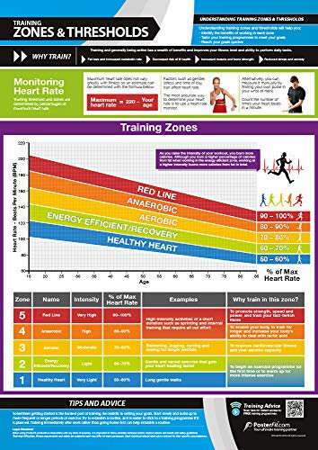 Trainingszonen und Schwellen, laminiertes Poster für Zuhause und Fitnessstudio, kostenlose Online-Video-Trainingsunterstützung, Größe – 841 mm x 594 mm (A1), verbessert die persönliche Fitness