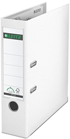 Leitz Qualitäts-Ordner 180° Plastik, das Original, DIN A4 Aktenordner 8 cm breit, 90% Recycling-Karton, 30% Pre-Consumer Recycling-Kunststoff, Mit 180° Mechanik, 600 Blatt Kapazität, Weiß, 10105001