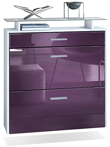 Vladon Schuhschrank Malea, hängender Schuhkipper für 16 Paar Schuhe mit 2 Klappen und 1 Schublade und Glasablage, Weiß matt/Brombeer Hochglanz (89 x 96 x 23 cm)