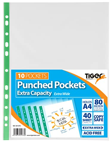 Tiger Klarsichthüllen, Kunststoff, gelocht, glasklar, extragroß, A4, 100 Stück