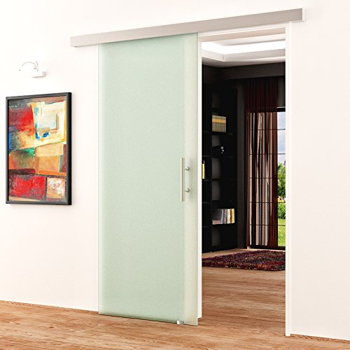 Glasschiebetür 1025x2050 mm Blickdicht vollsatiniert Levidor Basic-System komplett Alu-Laufschiene und Edelstahl-Stangengriff Schiebetür aus Sicherheitsglas für Wohnzimmer Esszimmer