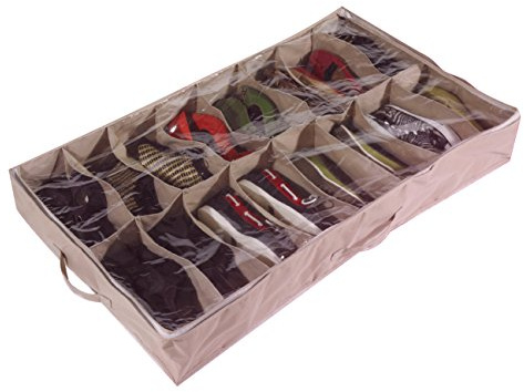 Brilliant Feet CST025 - Large Heavy Duty 16 Pocket Underbed Shoe Storage Bag for up to 16 Pairs of Shoes - Robust Oxford Canvas-Type Material (600D) - Clear PVC Lid - 60x15x100cm - Beige