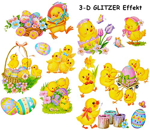 alles-meine.de GmbH 14 TLG. Set 3-D Glitzer Effekt - Fensterbilder - Osterküken & Ostereier - statisch haftend - selbstklebend + wiederverwendbar/Ostern & Frühling - OSTE..