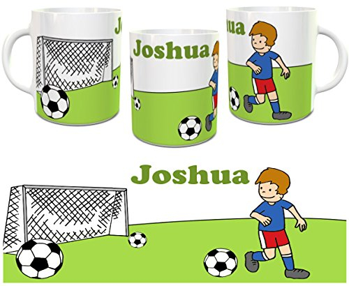 personalisierte Kindertasse Fußball mit Wunschname - Namenstasse blau/rot