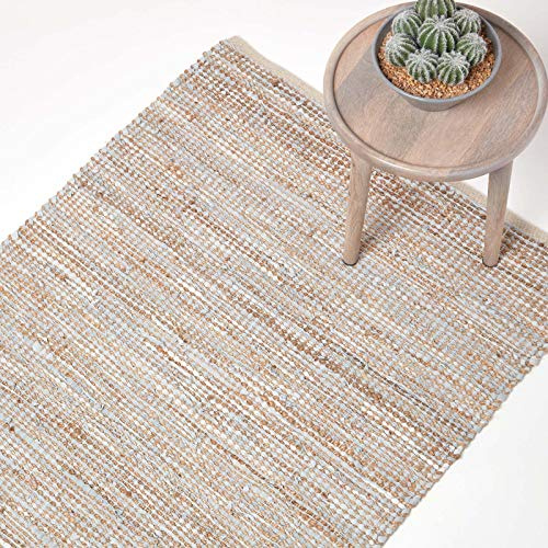 Homescapes Teppich Madras Natur 120x180 cm – handgewebter Teppich aus Hanf & Recycling-Leder, Flachgewebe im Streifen-Design