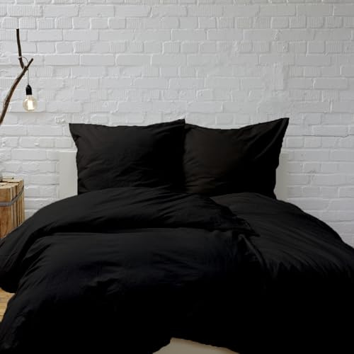 Hans-Textil-Shop Bettwäsche Schwarz 135x200 cm – 100% Baumwolle, handgefertigt in Deutschland, Stoff aus Europa, von Hand zugeschnitten & genäht, mit Reißverschluss & Kissenbezug 80x80 cm