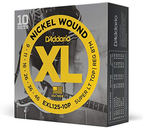 D'Addario Electric Guitar Strings, XL Nickel, EXL125-10P, Super Light Top/Regular Bottom Gauge, 6-String Set, Pack of 10