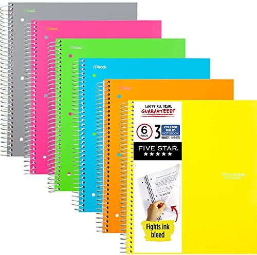 Five Star Spiral Notebooks, 3 Subject, College Ruled Paper, 150 Sheets, 11 x 8-1/2, Assorted Colors, 6 Pack (73479)