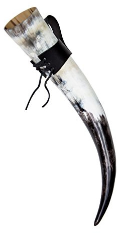 Frera Trinkhorn, 700-790 ml, 0,7-0,79l, Methorn inkl. Gürtelhalter aus Leder in schwarz oder braun, lebensmittelechtes Naturhorn, Naturfarbe, poliert