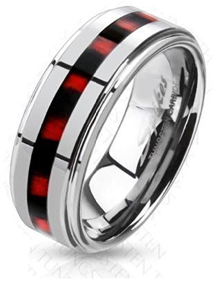 Tapsi´s Coolbodyart® Unisex Tungsten Ring Silber mit rot schwarz Carbon Inlay „Carbon Fiber“ Hochglanz poliert 53 (17)