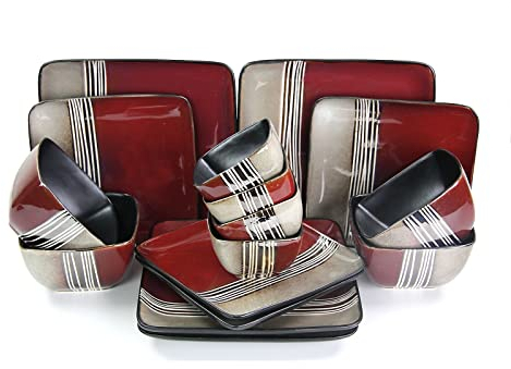Elama Loft Collection Geschirr-Set aus Steingut, quadratisch, 16-teilig, Rot und Hellbraun mit weißen Akzenten