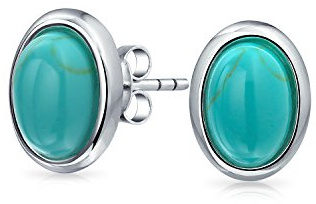 Boucles d'oreilles clous ovales en forme de dôme avec cabochon en ambre turquoise bleu stabilisé classique traditionnel pour femmes en argent sterling .925