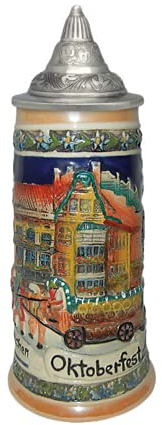 Munich Oktoberfest Scenic German Street Scene Engraved Ceramic Beer Stein with metal lid