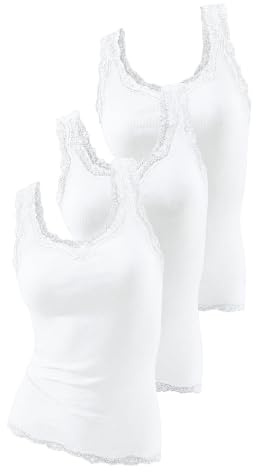 H.I.S Damen Achseltops, (3-Stck.) Tops mit Spitze, Weich, elastisch & formstabil, Spitzen-Details an Ausschnitt, Trägern und Saum, 100% Reine Baumwolle
